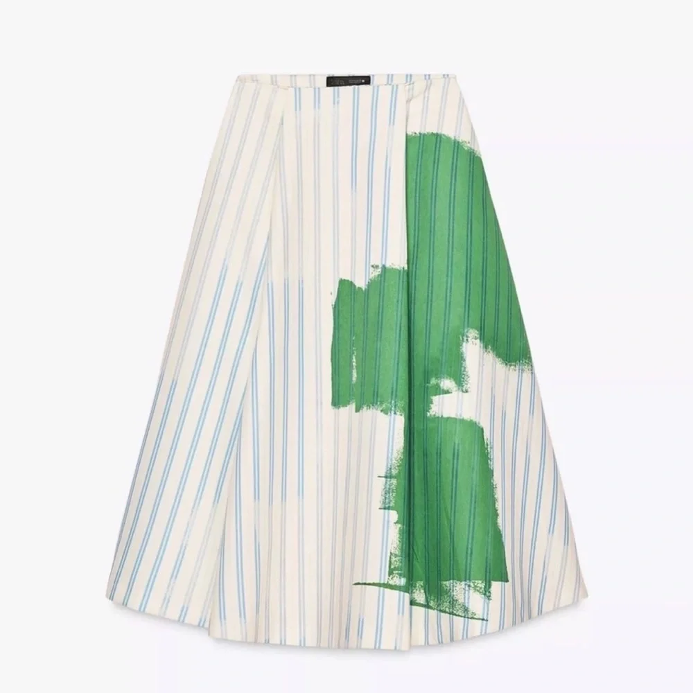 ZARA WOMAN MID-RISE MIDI STRIPED PRINT FULL SKIRT sz. XS